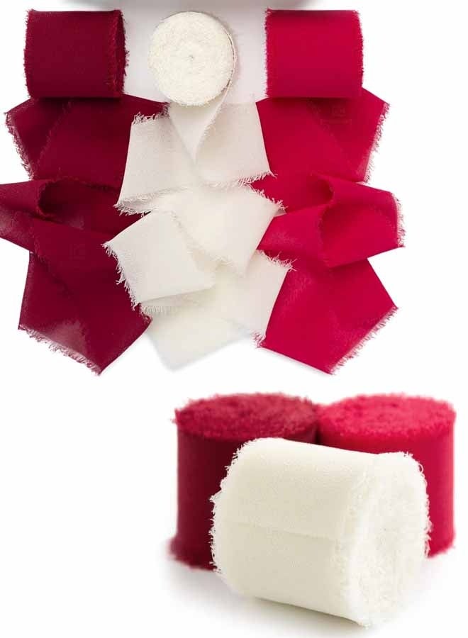 3PCS Red Handmade Chiffon Silk Ribbon Fringe  Frayed Edges Ribbons for Wedding Invitations Bridal Bouquets Gifts Wrapping Crafts Holiday Party Decorations - Image 1